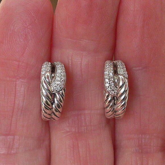 Retired David Yurman Labyrinth Diamond Hoop Earrings - 14K/925 - DY Backs - Picture 3 of 9